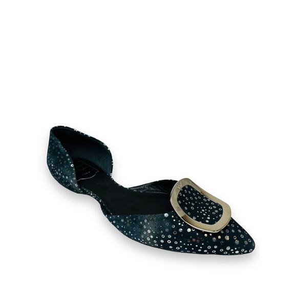ROGER VIVIER Navy Silver Suede Buckle Sparkle Dots Accent Ballet Flats 38 US 8 - Picture 2 of 8